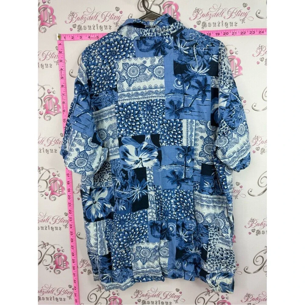 Hathaway shirt tropical palm Blue Patchwork Floral Short-Sleeve Button Down